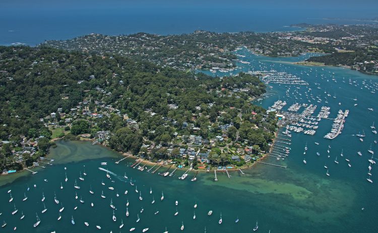 Aerial overlooking Pittwater on the Northern Beaches of Sydney.