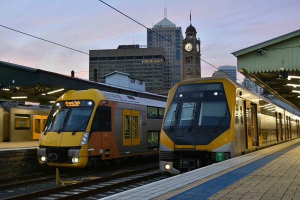 2 Sydney Trains at Central Train Station in Sydney the first city station for the Sydney airport train