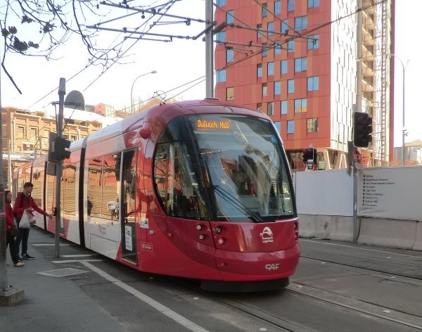 Red Sydney light rail tram