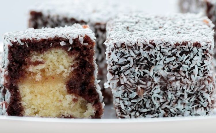 A traditional Lamington with coconut and chocolate icing 