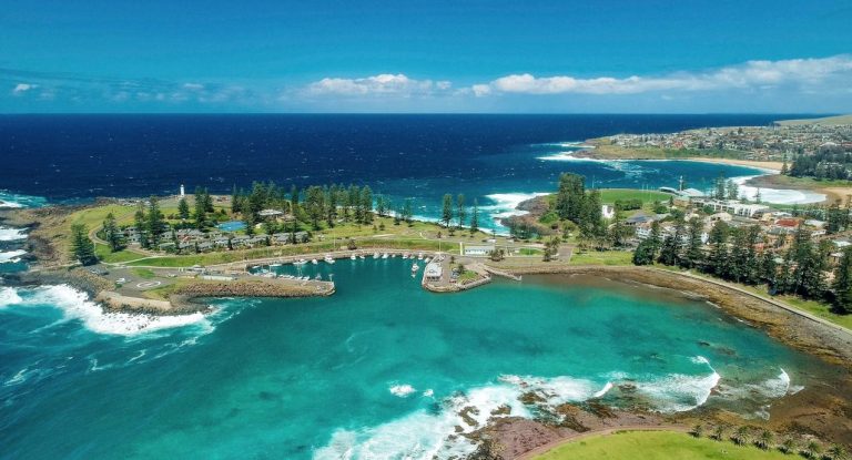 Aerial overlooking Kiama Harbour and the Continental Ocean Pool in Kiama.