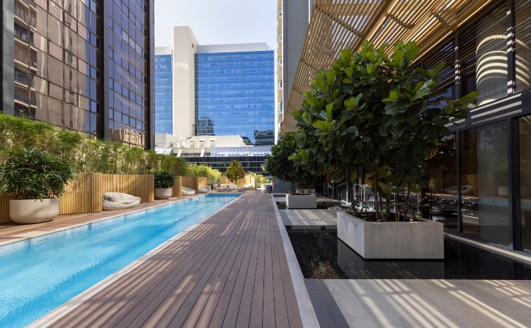 The 25-metre outdoor pool at Skye Suites, Parramatta.