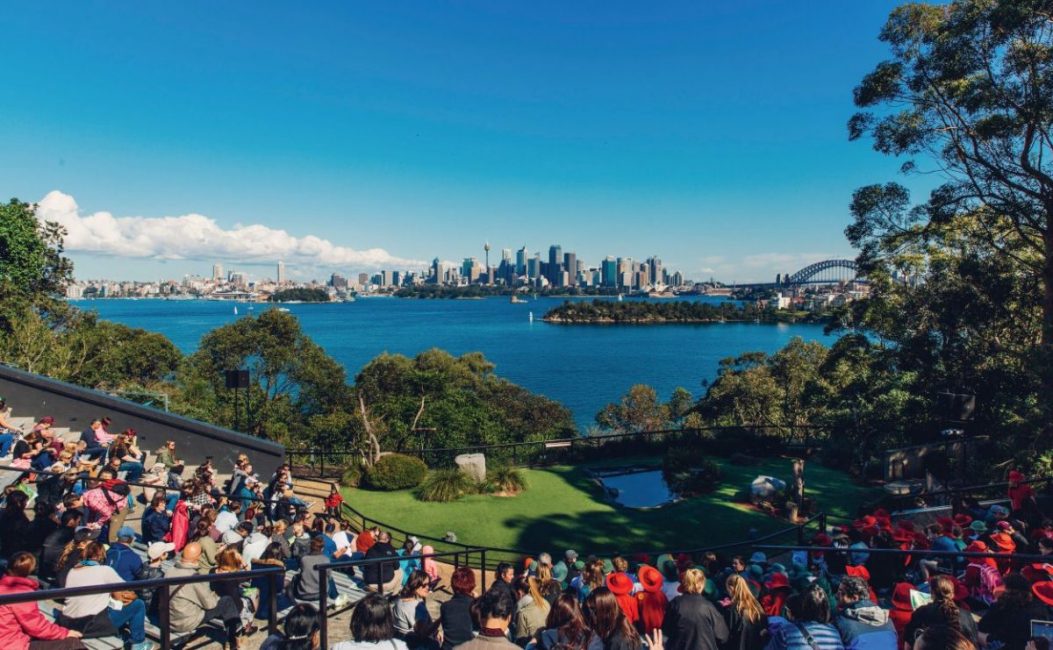 Visitors gathered to watch the free flight bird show at Taronga Zoo, Sydney with Sydney Harbour as the backdrop.