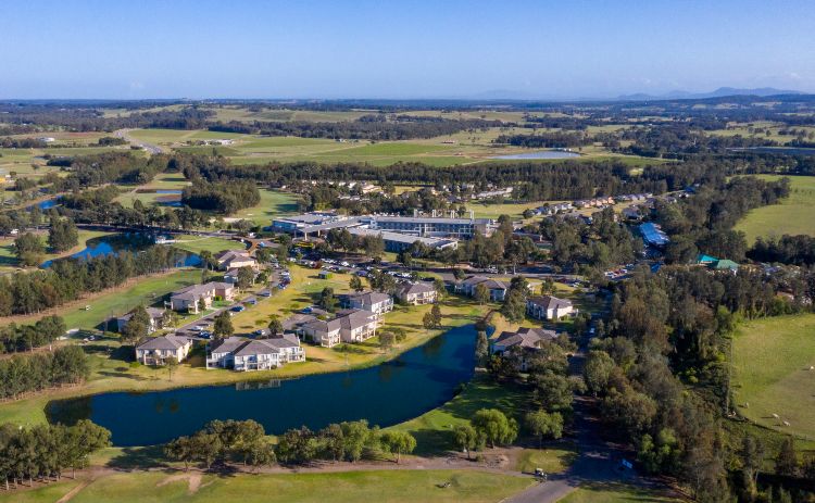 Aerial overlooking the Hunter Valley Golf and Country Club and Crowne Plaza Hunter Valley, Pokolbin.