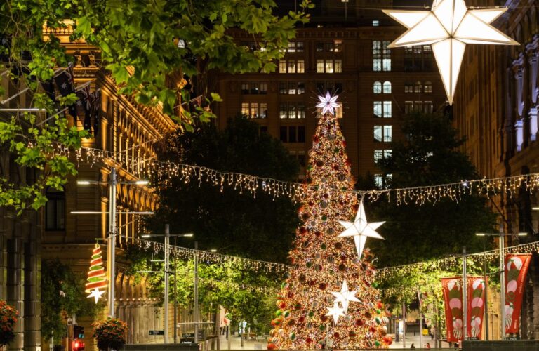 Christmas lights and Christmas decorations on display in Darling Harbour, Darling Square, the QVB, Barangaroo and Martin Place. (Photo by Chris Southwood)