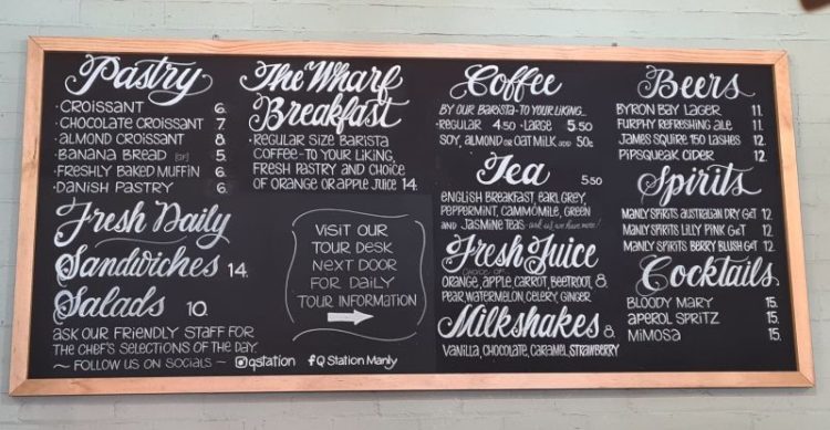 chalk board menu of the Pantry cafe at Q Station in Manly

