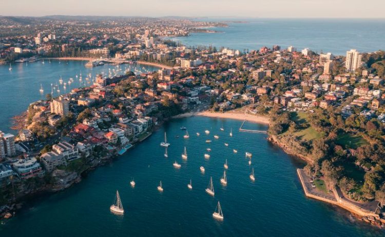 Aerial overlooking Manly on Sydney's northern beaches.