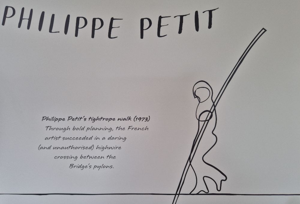 Illustration of Tightrope walker Philippe Petit who crossed the brdige in 1973