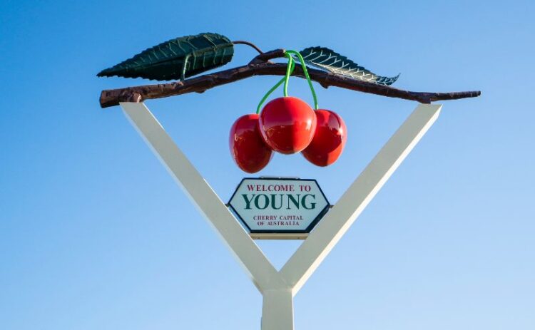 Sign welcoming visitors to Young, the cherry capital of Australia.