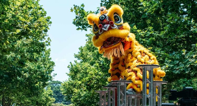 Lion dancing on Poles at South Eveleigh Sydney