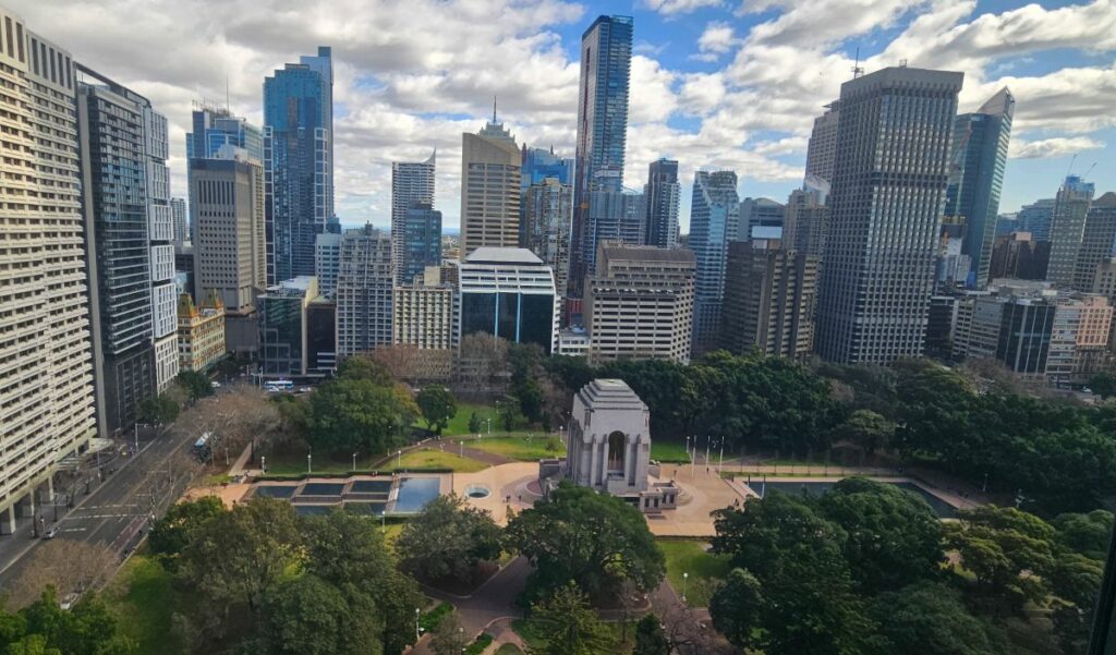 Aerial shot of Anzac Memorial Hyde Park Sydney from Pullman Hotel