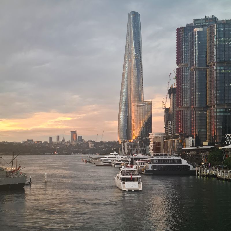 Crown Sydney at sunset from Pyrmont Bridge