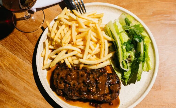 Steak and chips with greens at Manly Wharf