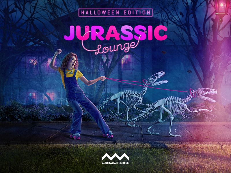 Girl walking with two dinosaur skeltons on lease