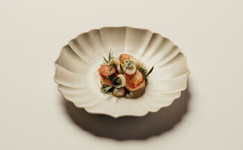 Seared scallop with leek, vin jaune and turnip  Credit: Aria