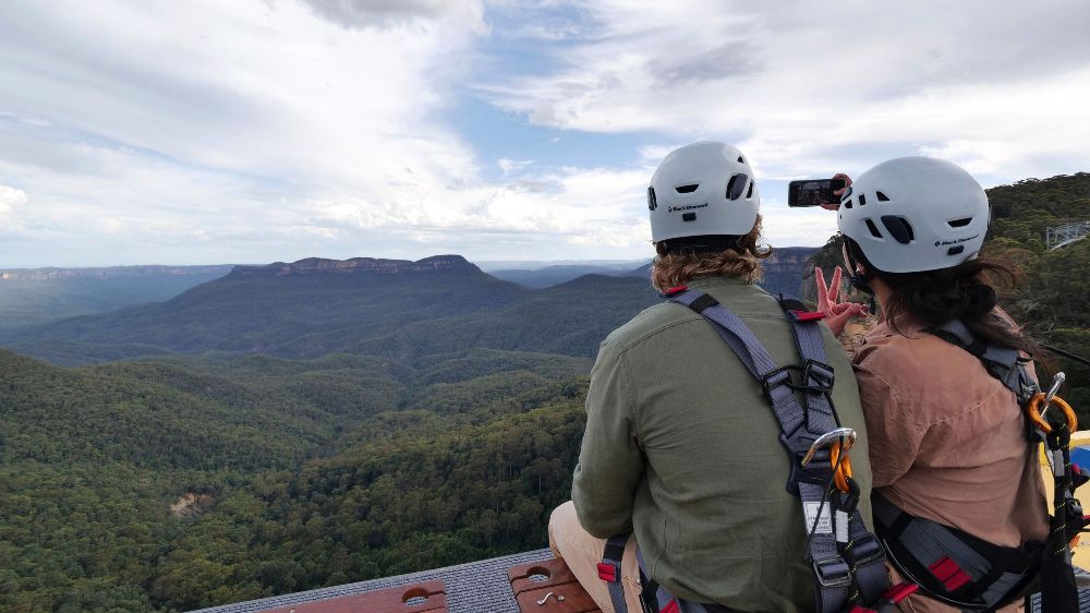 Couple enjoying the Beyond Skyway experience at Scenic World, Katoomba.