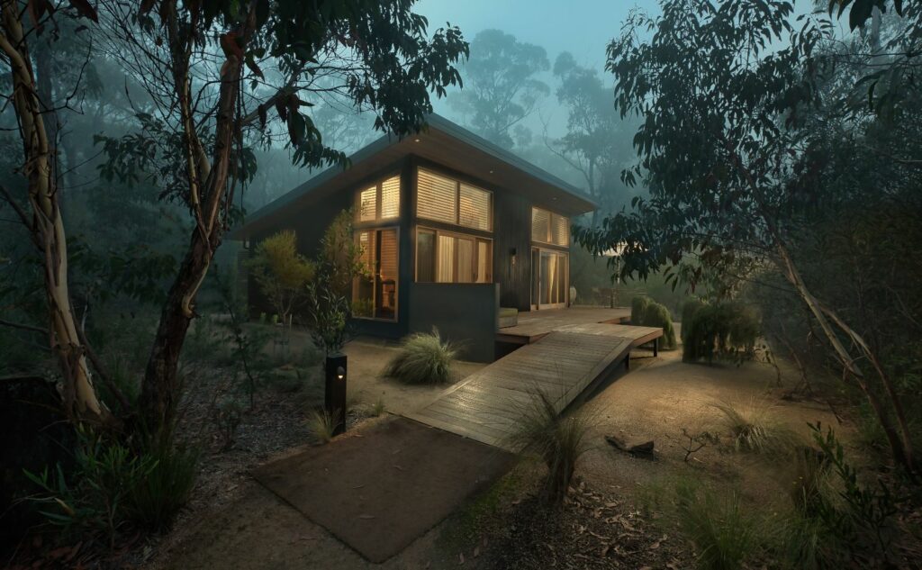 Chalets at Blackheath shrounded in fog