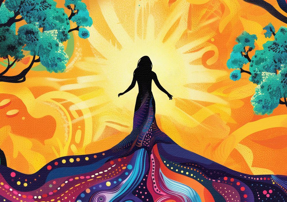artwork of a woman walking into light for the play Once on this Island.
