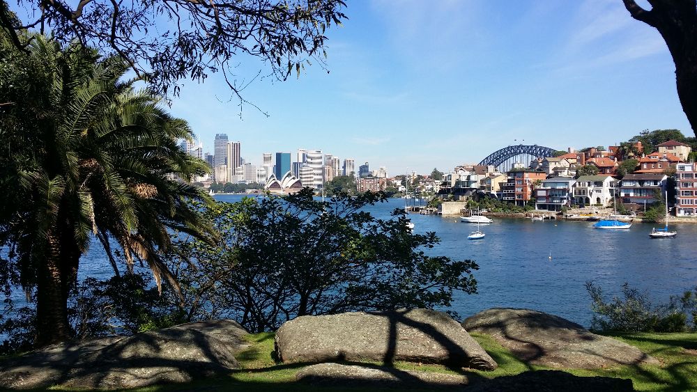 Cremorne Point harbour view to distant opera house and harbour bridge