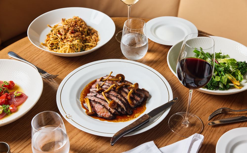 Pasta, steak and salad at The Charles