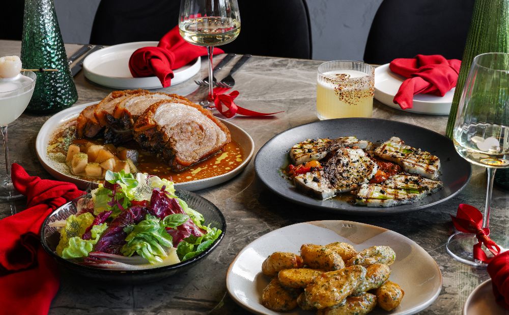 Christmas roast pork , grilled vegetables, salad and roast potatoes at Sala in Pyrmont
