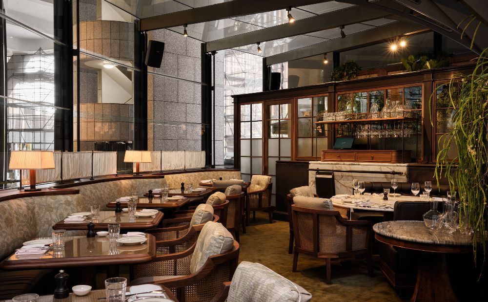 restaurant dining room in wood and beige tones