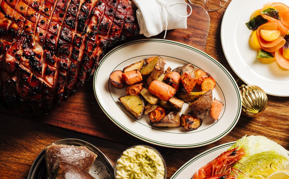 Christmas spread, roast ham, vegetables, and more
