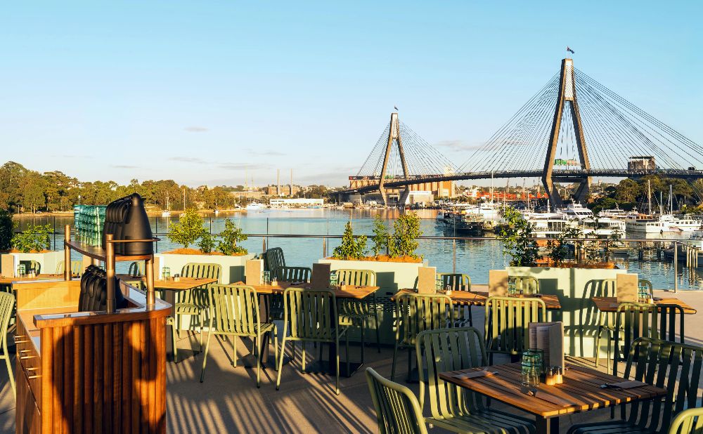 Touch Wood at Sydney Fish Market with view of Anzac Bridge