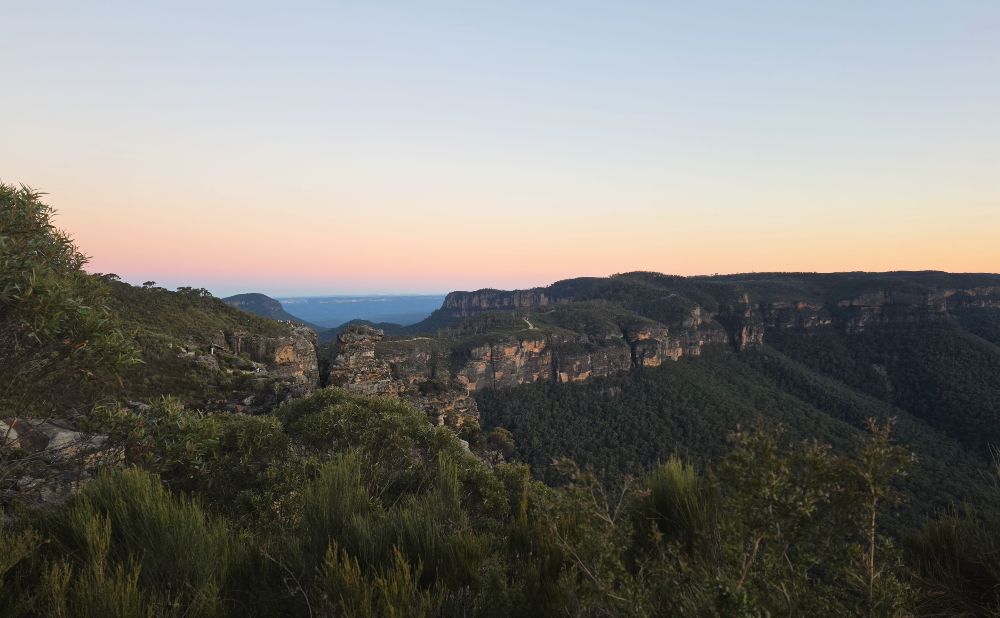 Narrow Neck lookout at sunset viewed from Cahill's lookout