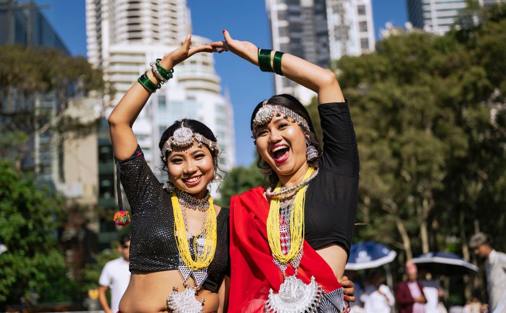 2 women in traditional Nepalese dress in Darling Harbour