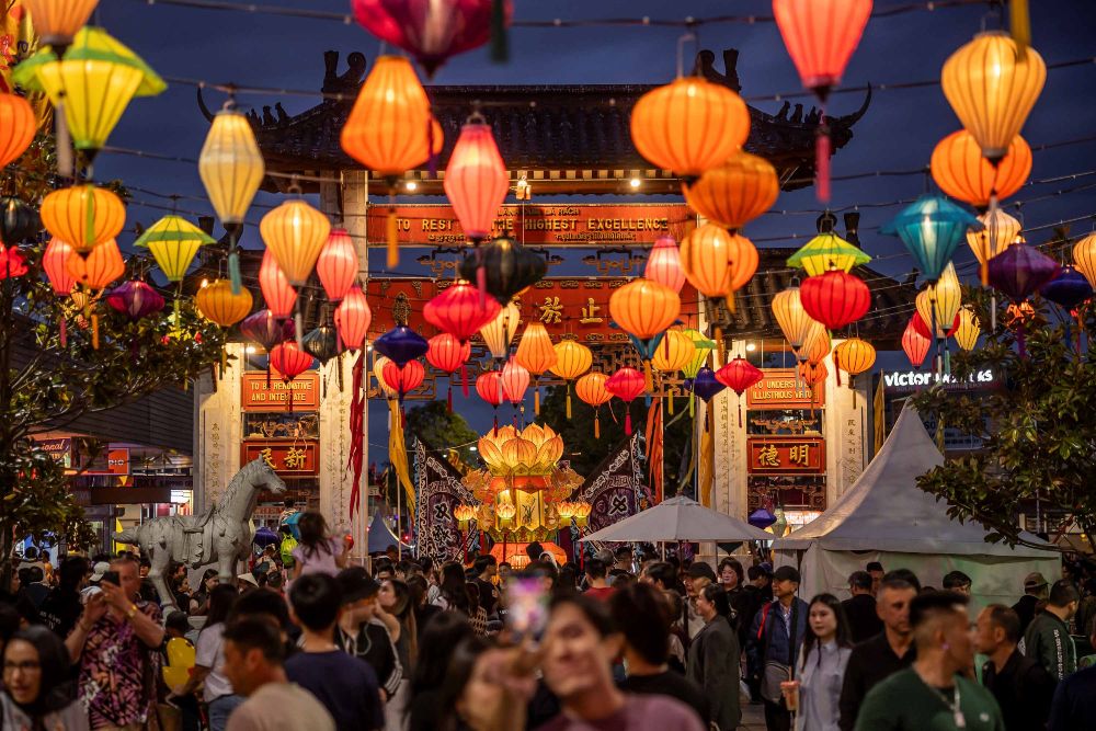 Freedom Plaza lanterns by night at Cabramatta Moon Festival 2025