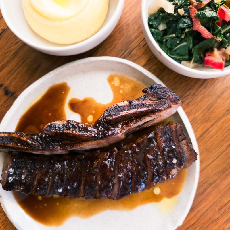 braised 500g Riverine short rib (MBS2) with Paris mash and buttered chard for $76