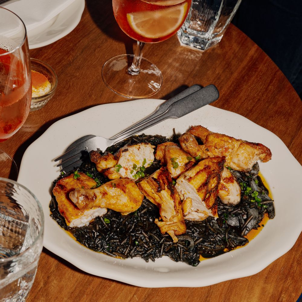 Paprika and Garlic Chicken, Fideua Negra of Squid Ink