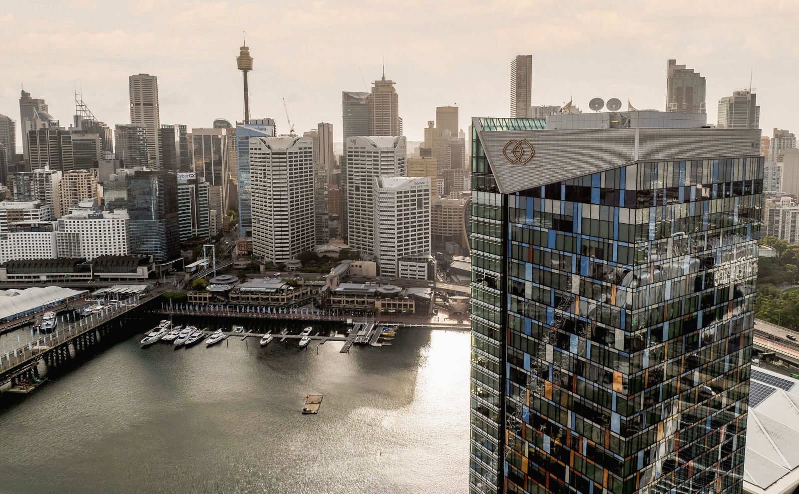 sofitel hotel with the city in the background taken with a drone
