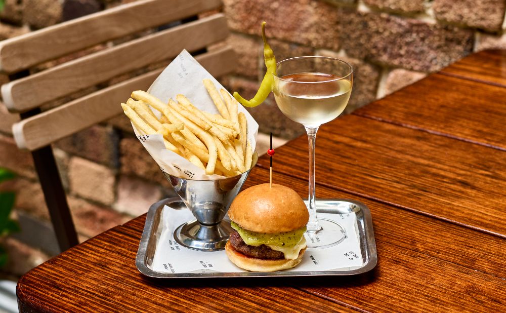 Martini, beef slider and fries at Chophouse Sydney