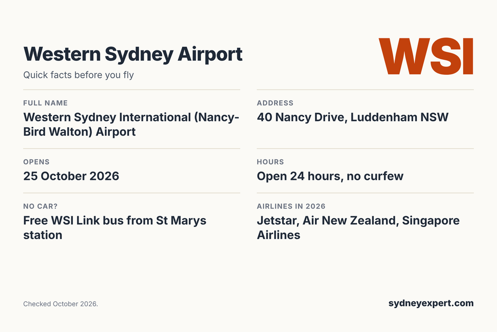 Western Sydney Airport quick facts: full name, address, opening date, 24-hour hours, free bus and airlines